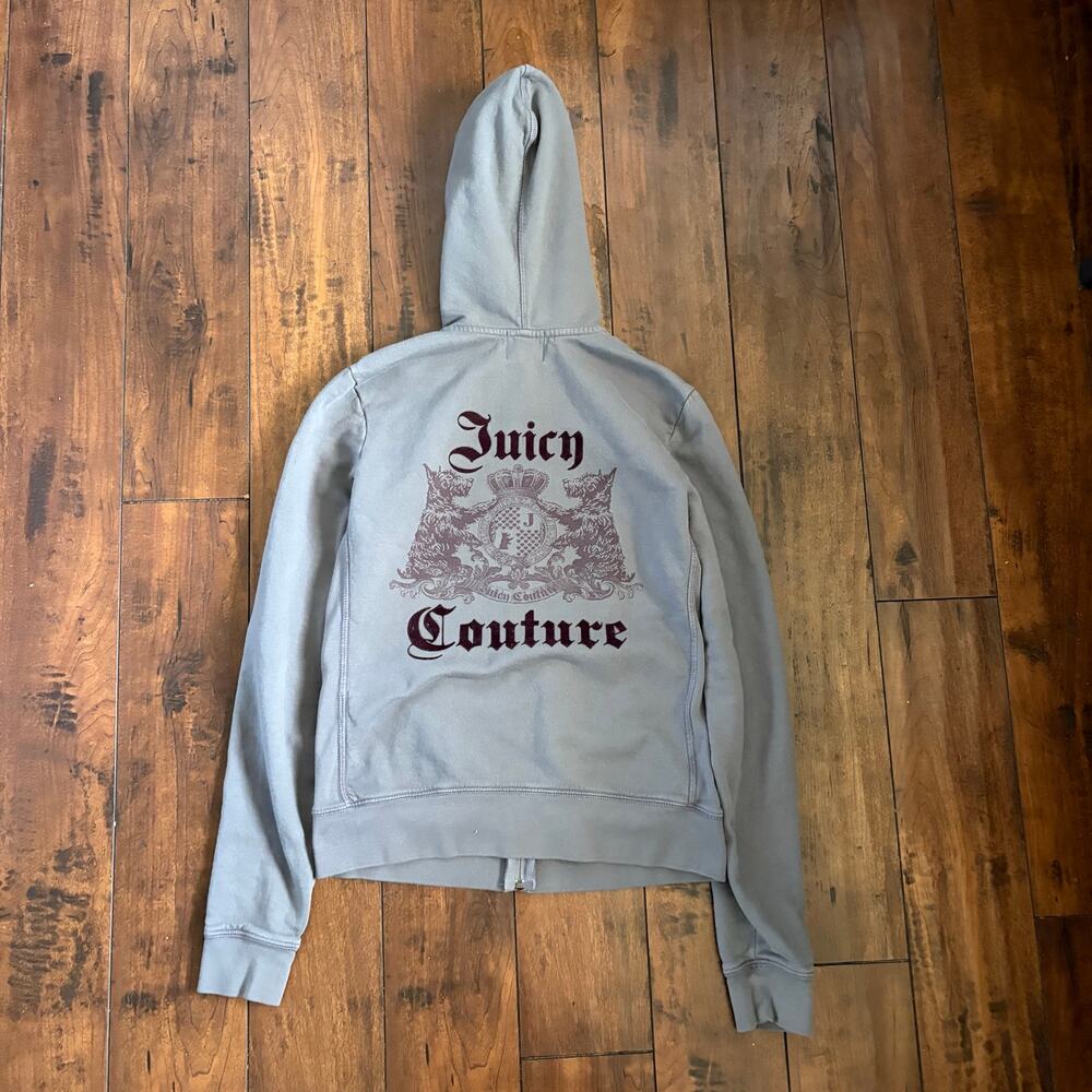 Vintage Y2K Juicy Couture Hoodie Womens L Gray 2000s Made in USA Felt Graphic